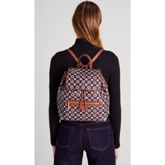 New Kate Spade Flower Monogram Coated Canvas Medium Backpack Black Multi